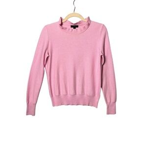 J.Crew Ruffle Neck Pullover Sweater S Pink Chevron Ribbed Merino Blend Coquette